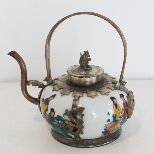 Chinese Teapot: with metal accents and handle;