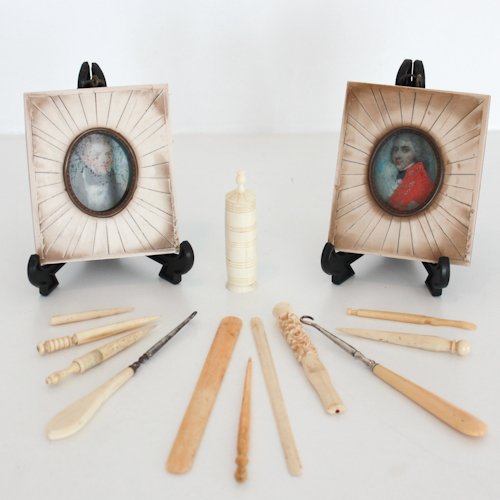 Lot of Miniature Portrait and Misc.: Misc. consisting of bone needles, pipe and nail accessories