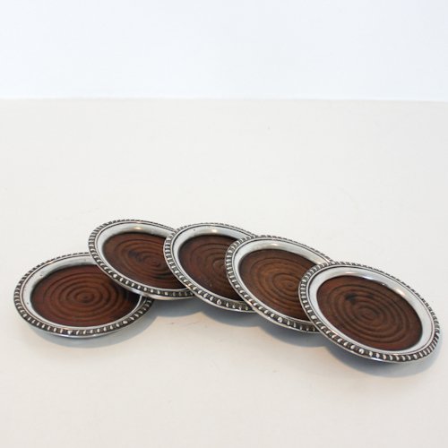 Lot of 5 Sterling Silver Rimmed Coaster: 9.5 cm in diameter