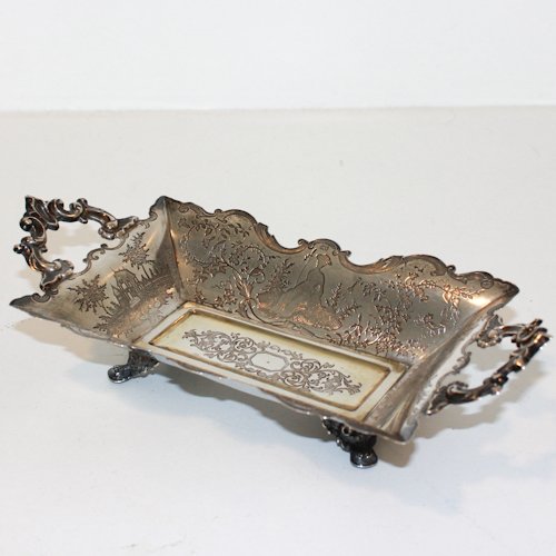 Silver rectangular bonbon dish with feet: depicting a romantic scene, 25 x 5 cm