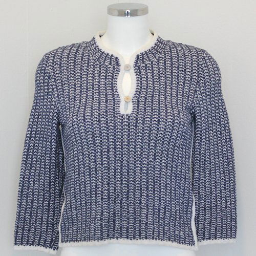Chanel Knitted Double Button Sweater: Double Chanel button closure on top in blue and white, size 40