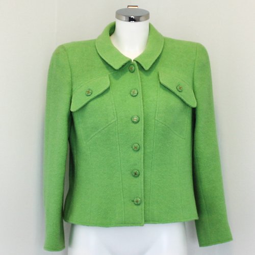 Green Chanel Blazer: Double pockets on top all with classic Chanel logo buttons