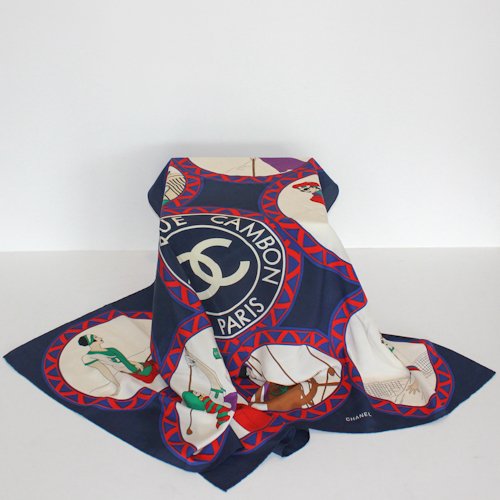 Chanel Vintage 70s Classic Rue Cambon Silk Scarf: depicting ladies sports, 85cm x 85 cm