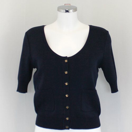 Chanel Ladies Sweater: Dark blue in color with traditional Chanel logo button closure in front