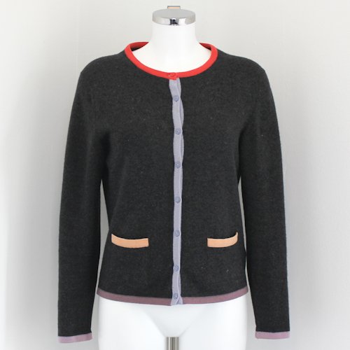 Chanel Ladies Cashmere Sweater: Dark grey in colour with multi colour accent trim.