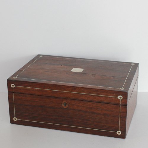 Antique Mahogany Sewing Box: with silver and mother of pearl inlay. 12 x 30 x 21 cm
