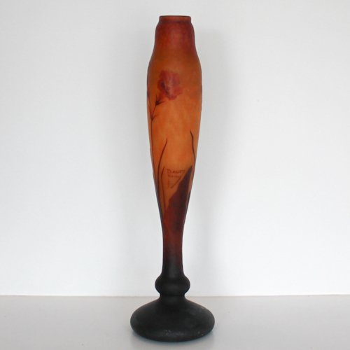 Signed Daum Nancy Cameo Art Nouveau Vase: 48 x 14 x 14 cm. Some scuffs to bottom of vase, otherwise good condition with no chips, cracks or restorations.