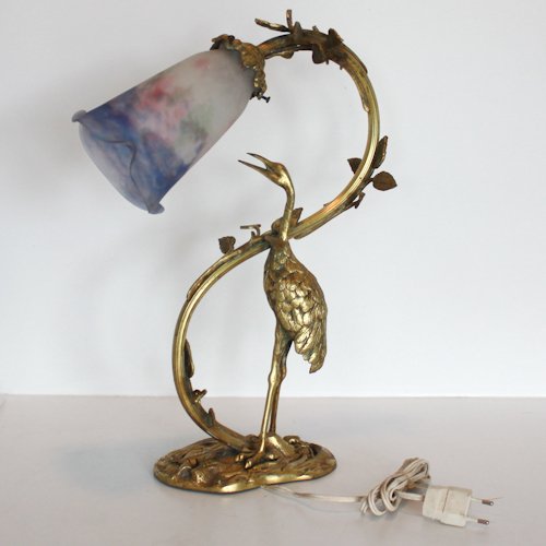 Muller Freres Luneville Bronze Table Lamp: depicting crane, 44 x 29 x 13 cm