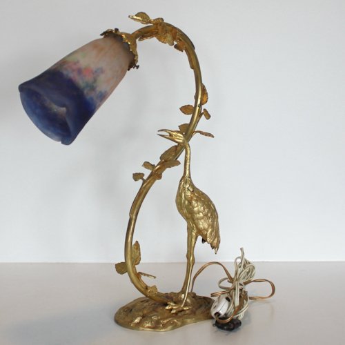 Signed Muller Freres Luneville Bronze Table Lamp: depicting Heron, 46 x 31 x 12 cm