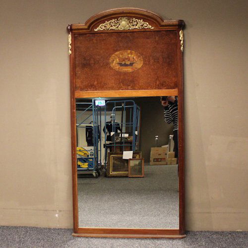 19th Century Walnut Inlay Trumeau Mirro: 180 x 88 x 4 cm