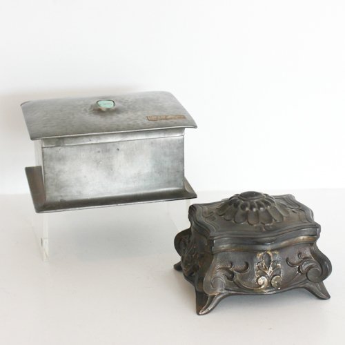 Pair of Decorative Boxes: 1 art nouveau signed Liberty London Tudric, 15 x 10 x 7 cm