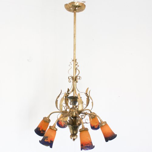 Signed Muller Freres Art Nouveau Chandelier: globes are signed Muller Freres, 110 x 60 x 60 cm