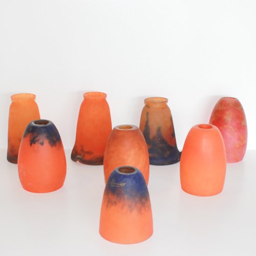 Lot of 8 Art Nouveau Globes: including 1 signed Schneider, 3 Muller Freres Luneville and 4 Daum Nancy, 1st individual picture is signed Schneider