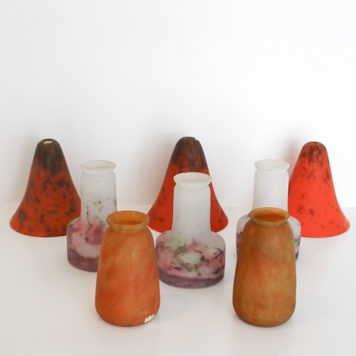 Lot of 8 Art Nouveau Globes: including 5 signed Daum Nancy and 3 signed Muller Freres, lightly coloured globes are signed Muller Freres