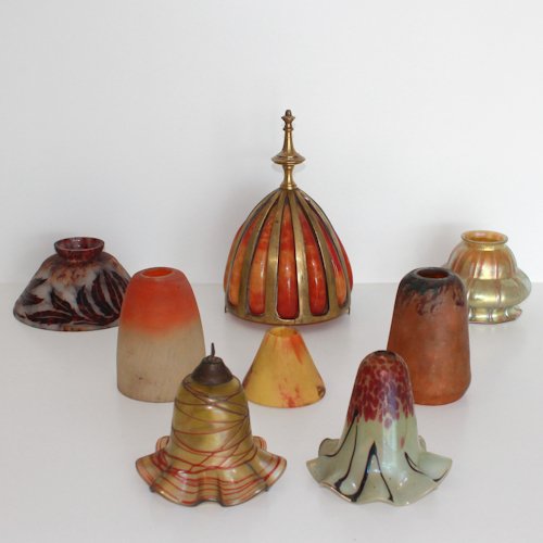 Lot of 8 Art Nouveau Globes: including signed Daum Nancy, 2 photographed separately are signed Daum Nancy