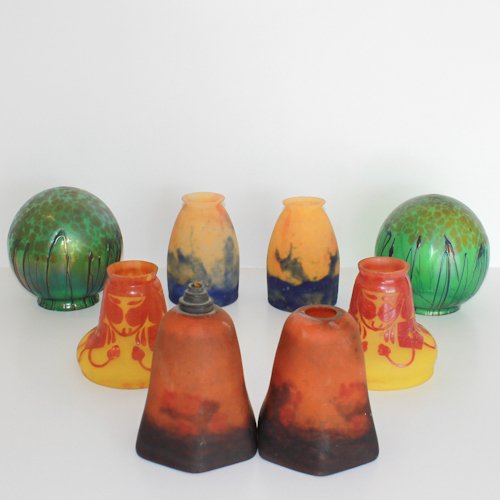 Lot of 8 Art Nouveau Globes: including 2 signed Le Verre Francais and 2 Muller Freres