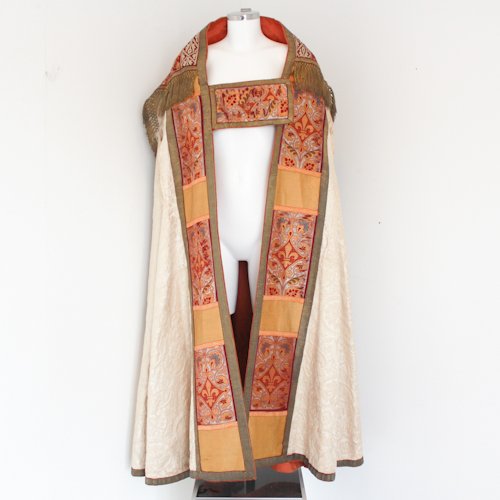 Antique Priest Vestment: circa 1900 with beautiful fabric and brocade decorated with fleur de lis and gold threading, 135 cm long