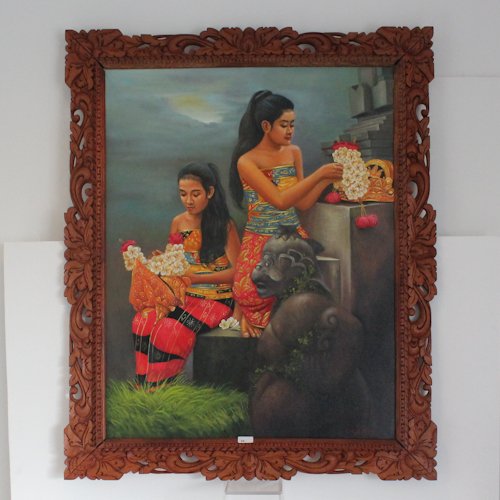 Balinese Oil on Canvas Painting: Depicting ladies with flowers, 69 x 100 cm