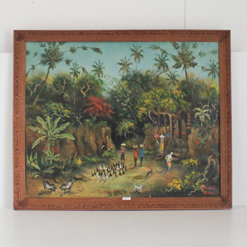 Balinese Oil on Canvas Painting: Depicting scene in forest, 87 x 70 cm