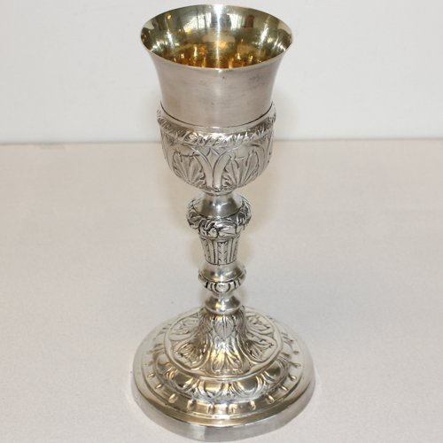Circa 1870 Napels Silver Chalice: Fine details surrounding base and cups, 22 cm tall