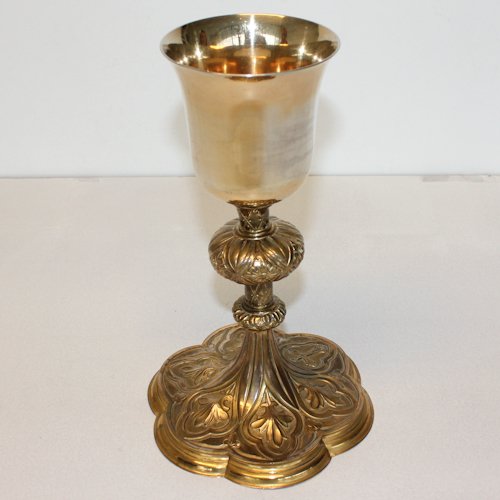 Antique Silver and Gold Plate Chalice: Circa 1900, with fleur de lis design around base, 25 cm tall