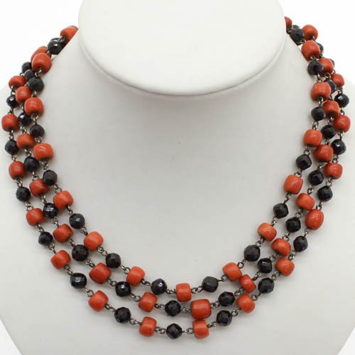 Red Coral and Garnet Necklace: Necklace with alternating red coral and garnet stones, red coral is 8 mm in diameter, 97 gram.