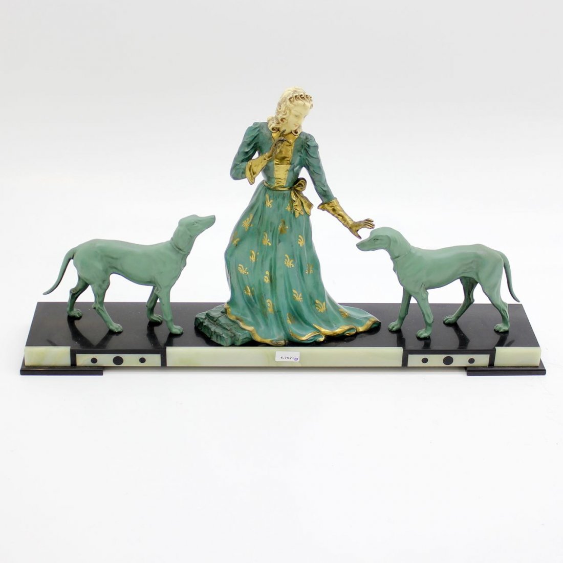 Art Deco Sculpture Set on Marble: Depicting lady with dogs, 79 cm long.