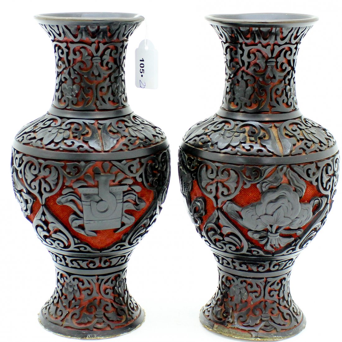 Pair of Fine Lacquer Work Chinese Cinnabar Vases Circa (1 of 6)