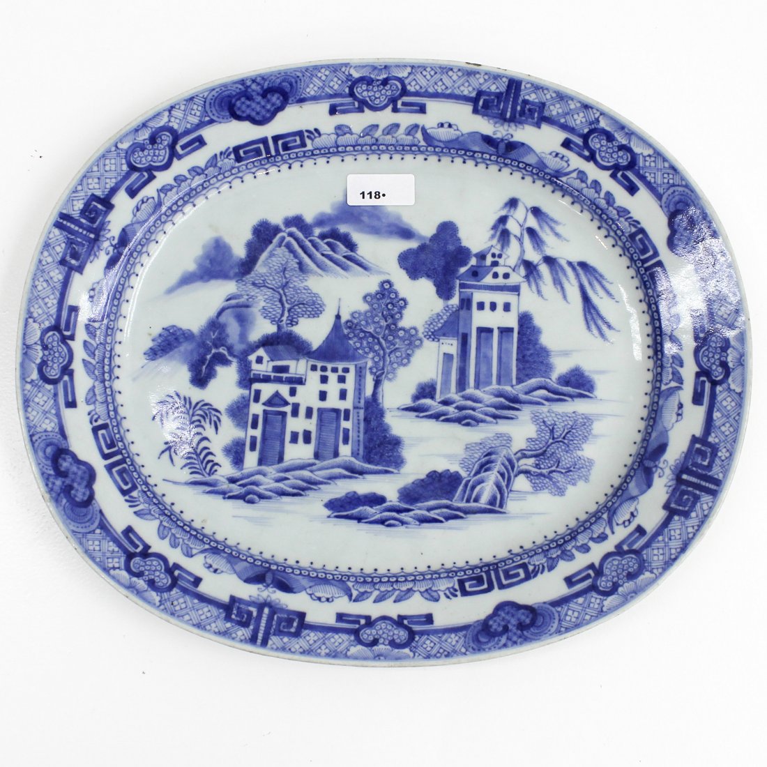 China Porcelain Platter: Blue and white decor of homes and landscapes, 38 cm long.
