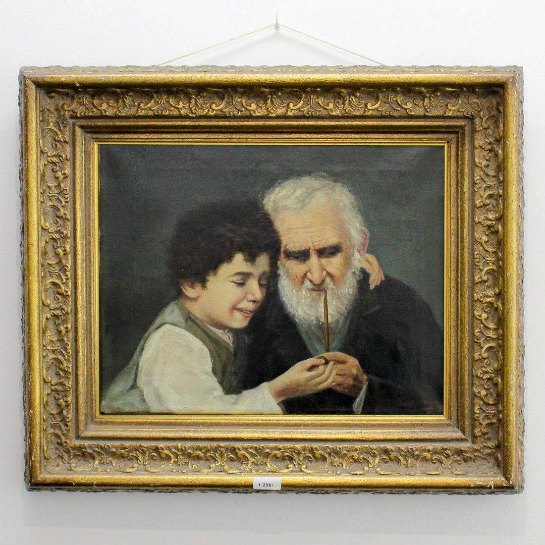 Signed Oil on Canvas Depicting & Boy: Man is smoking pipe, 37 x 47 cm.