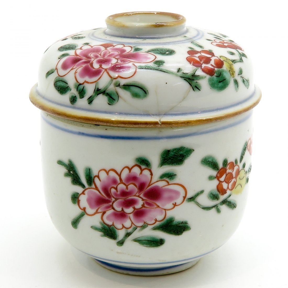 China Porcelain Lidded Vase: 10 x 11 x 10 cm., hairline.