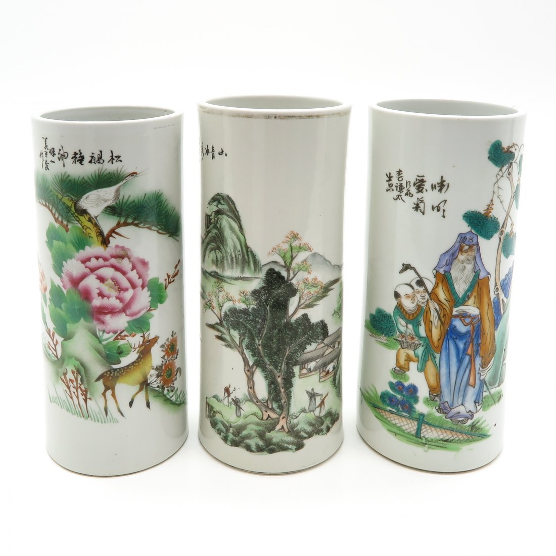 Lot of 3 China Porcelain Cylinder Roll Wagon Vases (1 of 6)