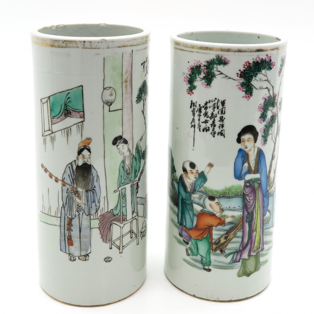 Lot of 2 China Porcelain Cylinder Roll Wagon Vases (1 of 6)