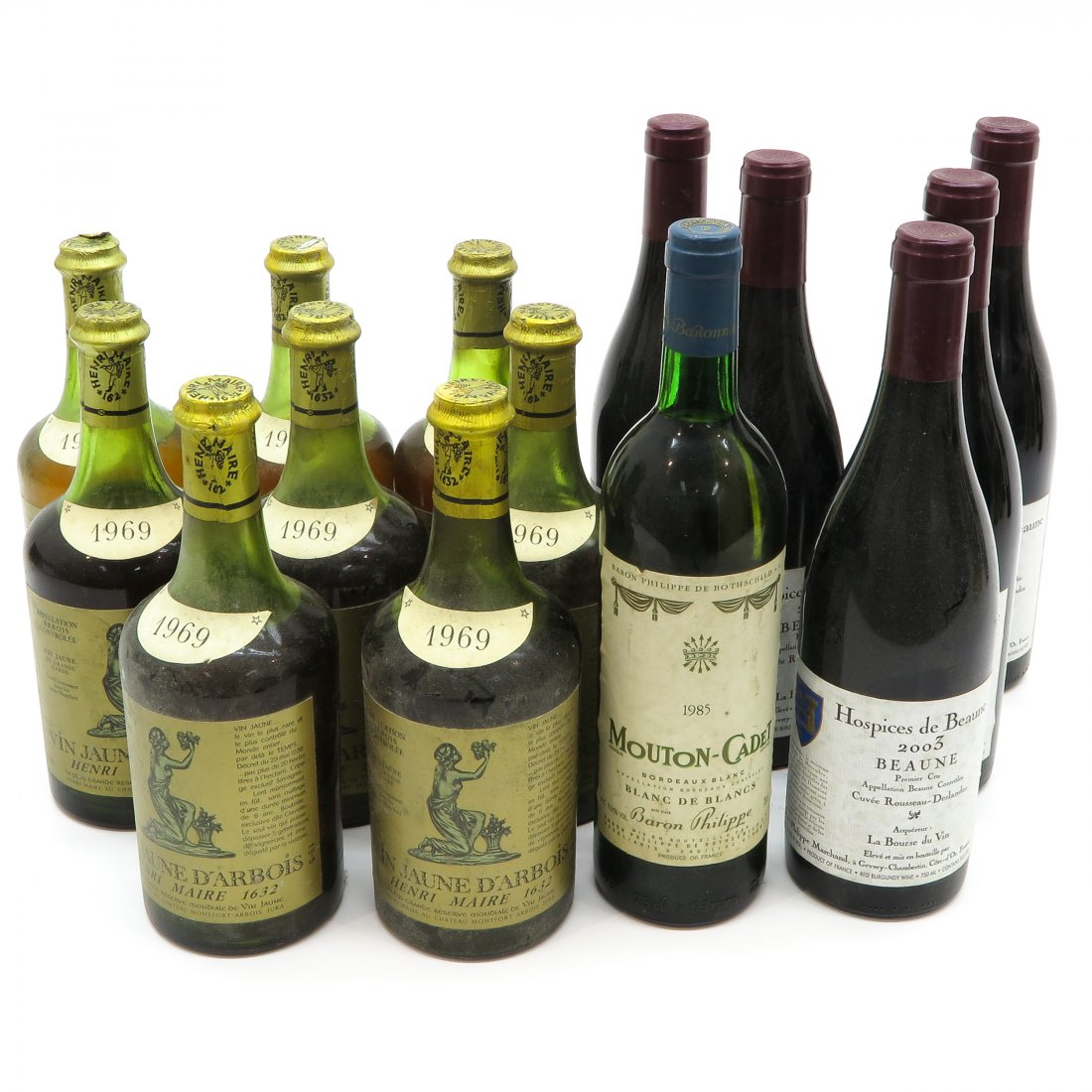 Diverse Lot of Wine: Including 5 bottles of Hospices de Beaune 2003, 8 bottles Le Jane D'Arbois 1969, and 1 bottle Mouton Cadet Baron Philippe 1985.