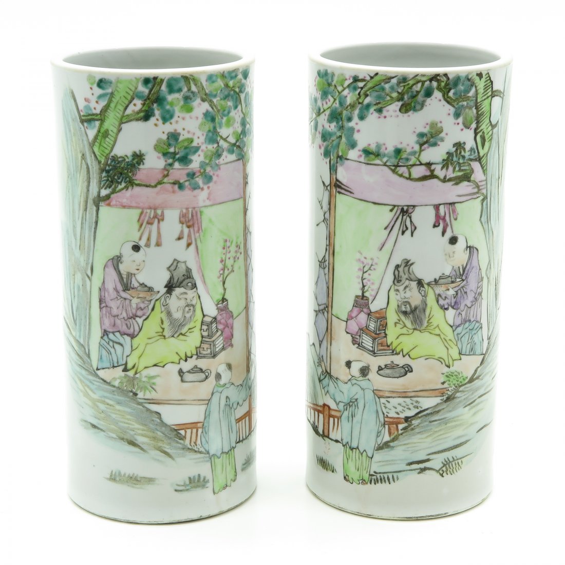 Lot of 2 China Porcelain Cylinder Roll Wagon Vases (1 of 6)