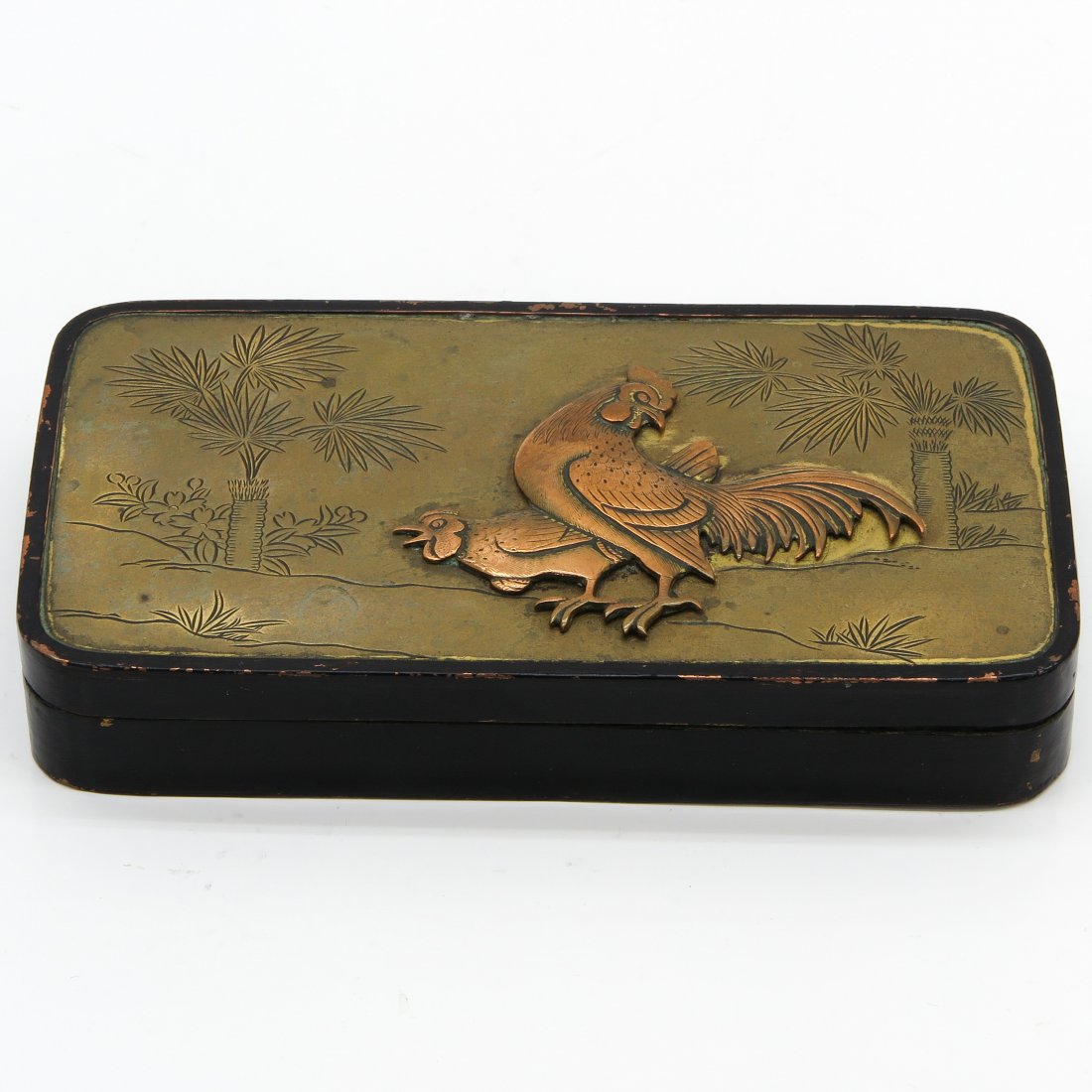 19th Century Japanese Tobacco Box: Copper top, scenes of rooster and chickens.
