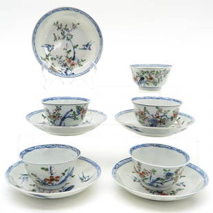 Lot of China Porcelain Cups and Saucers: 5 sets, saucers are 12 cm in diameter, chip and hairline.