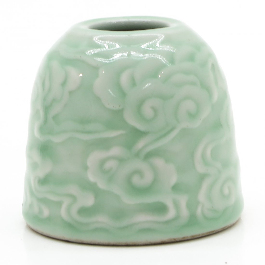 China Porcelain Celadon Brush Washer: Marked with double ring and 6 characters, 8 x 7 x 8 cm.