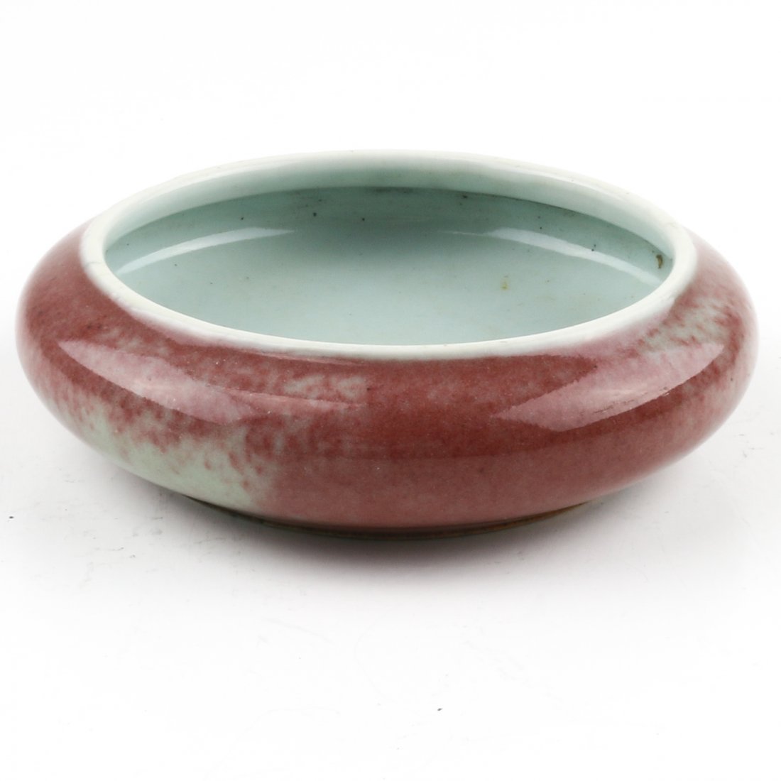 China Porcelain Brush Washer: Sang de Boeuf decor, marked with 6 characters, 12 x 3 x 12 cm., chip.
