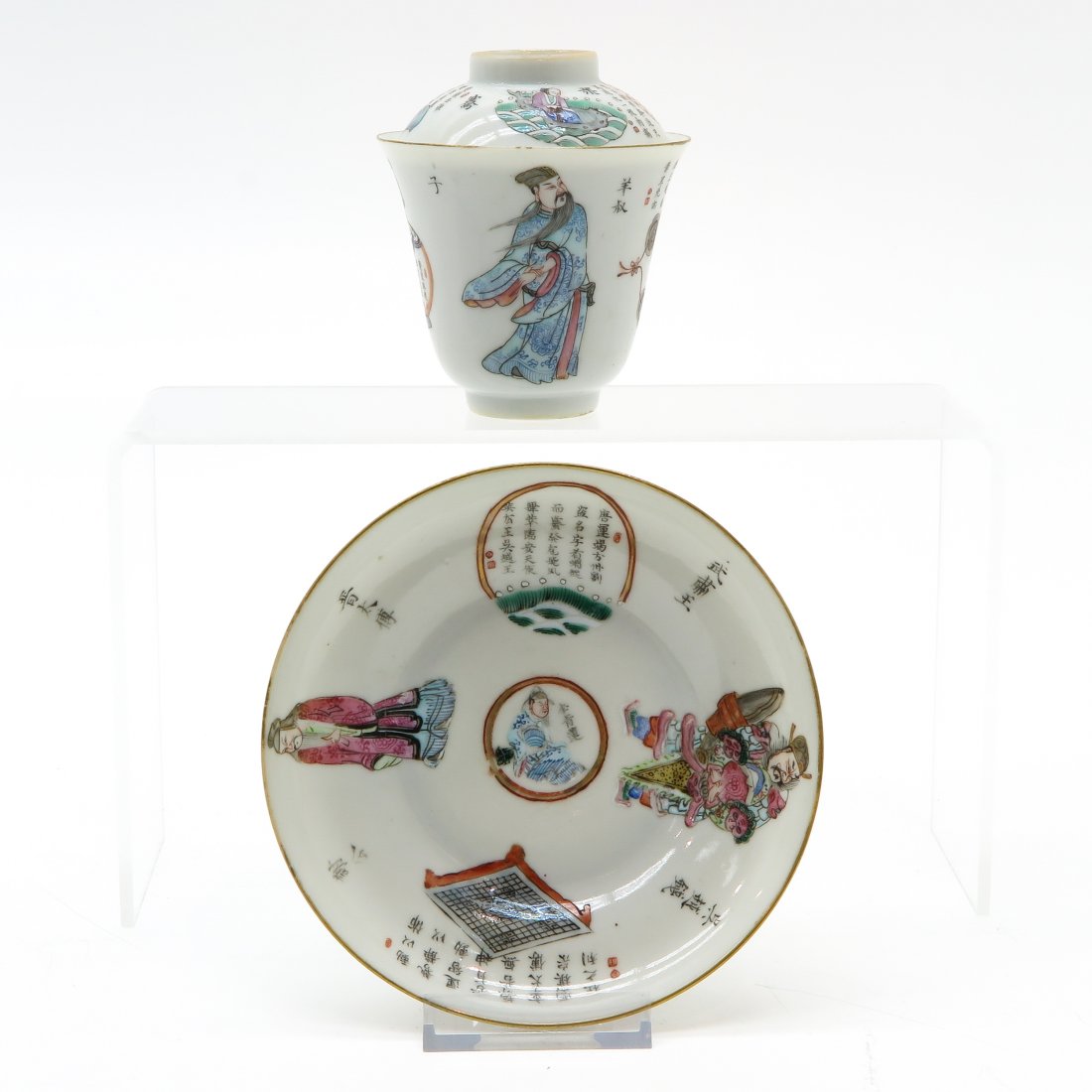 China Porcelain Wu Shuang Pu Decor Lidded Cup & Saucer (1 of 6)