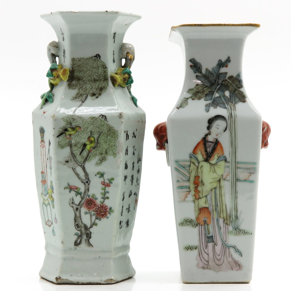 Lot of 2 China Porcelain Vases: 23 cm. tall, chip.