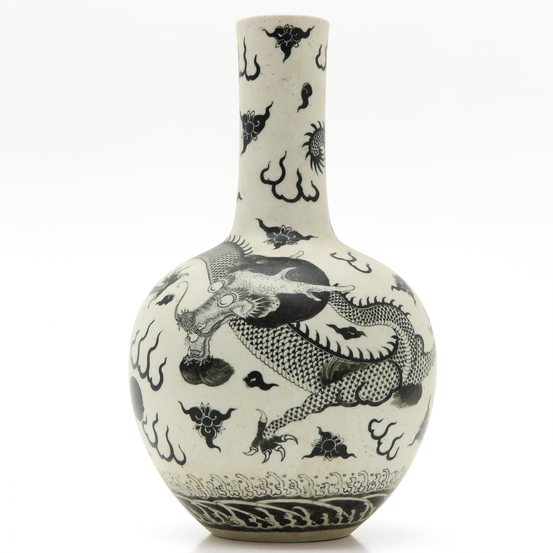 China Porcelain Vase: Dragon decor in under glaze, marked with seal mark on the bottom, 32 cm. tall.
