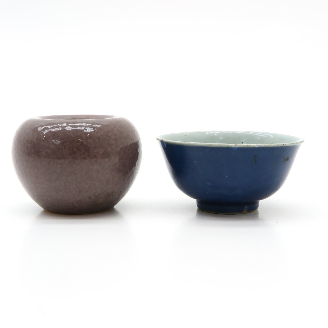 China Porcelain Brush Washer and Small Bowl: Bowl is 12 cm. in diameter, chip.