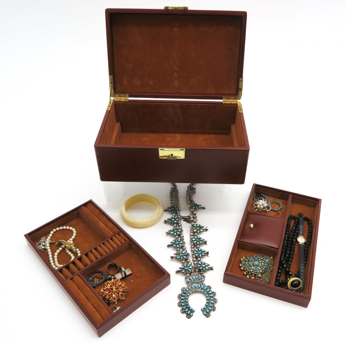 Costume Jewelry Box: Filled with costume jewelry including Omega watch.