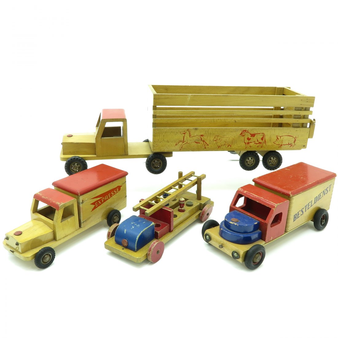 Lot of Vintage Wooden Toy Trucks: Including Okwa, longest is 44 cm.