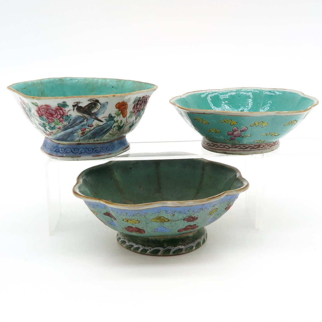 Lot of 3 China Porcelain Altar Plates: Largest is 21 x 8 x 21 cm., hairline and chip.