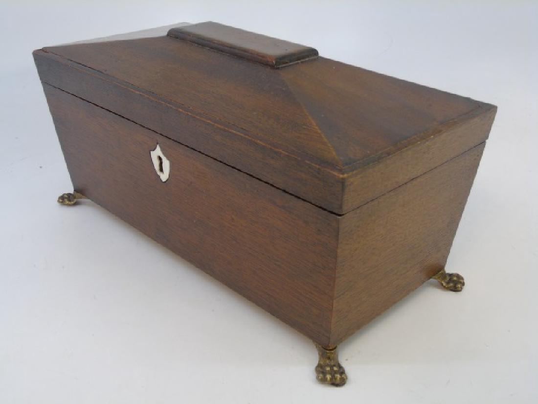 English Georgian Style Mahogany & Bone Tea Caddy: English Georgian Style Mahogany & Bone Tea Caddy w/ Paw Brass Feet. Casket form. Measures 6 x 12 x 6 inches.