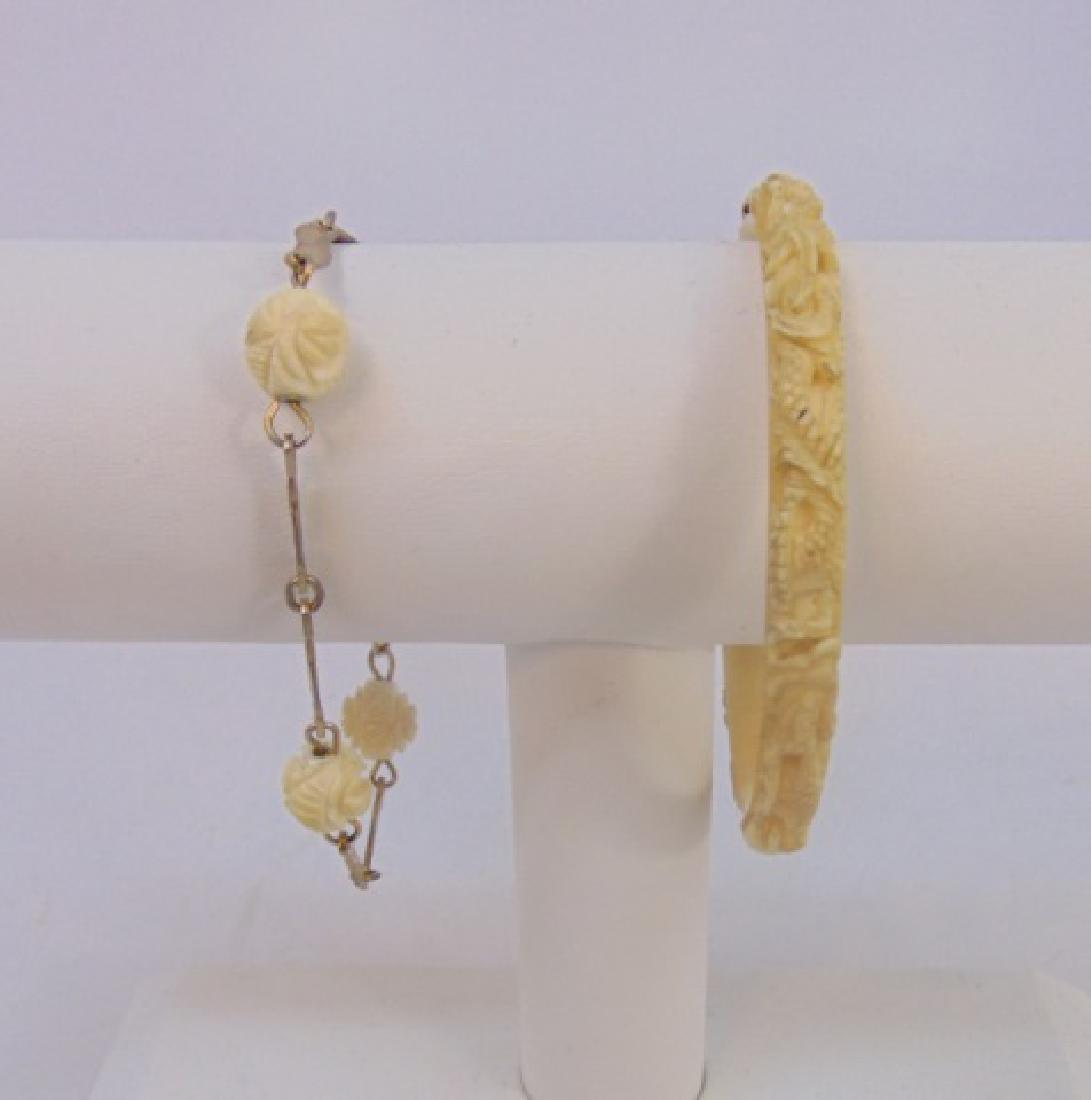 Two Antique Chinese Hand Carved Bone Bracelets: Two Antique Chinese Hand Carved Ox / Bovine Bone Bracelets. Dragon motif bangle and rose flower bead bracelet. Bracelet measures 7.5 inches in length.