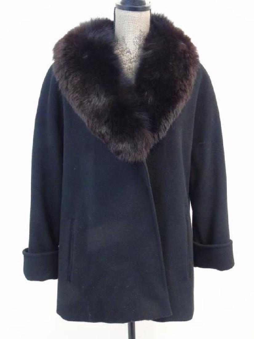 Saks Fifth Avenue Black Wool Coat, Faux Fur Collar (1 of 5)