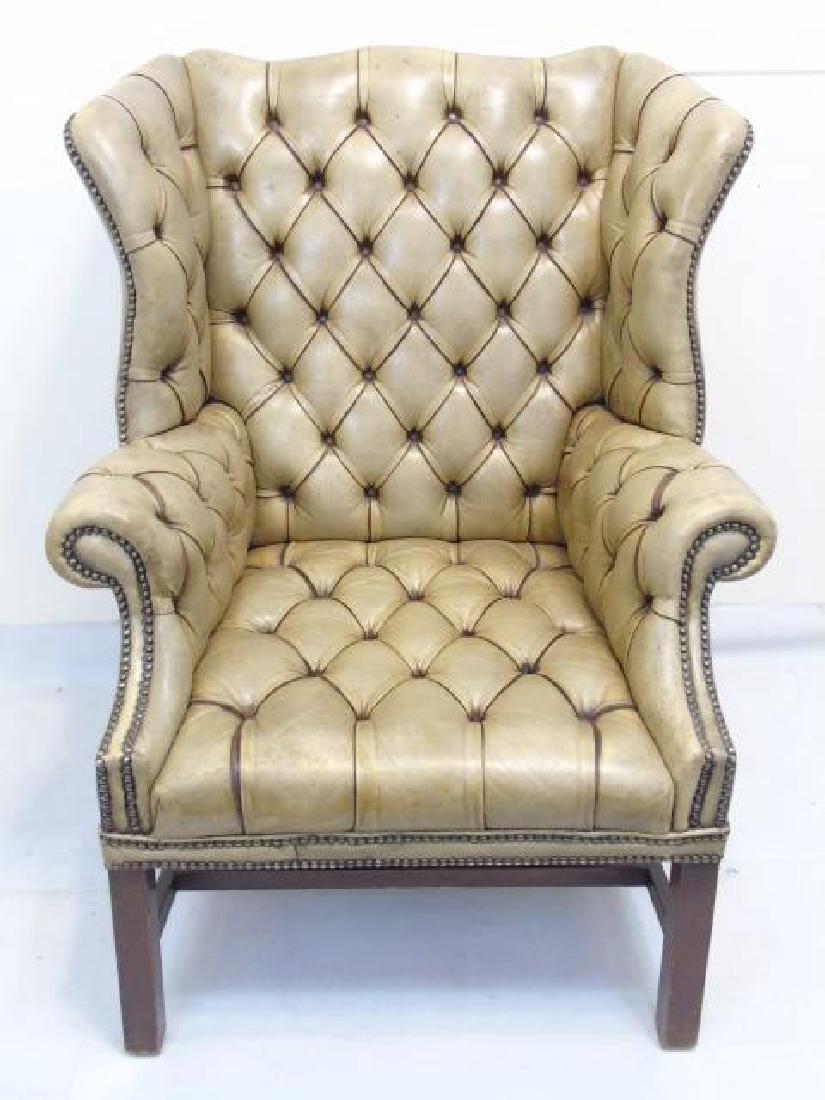 Antique English Tufted Brown Leather Wing Armchair (1 of 4)